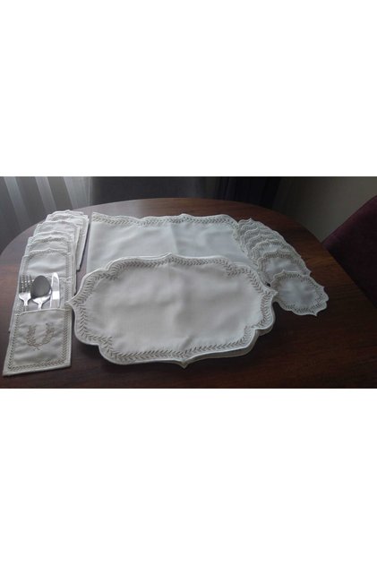 Linen Cappuccino Spike Embroidered American Service Runner Set for 8 People (25 Pieces)