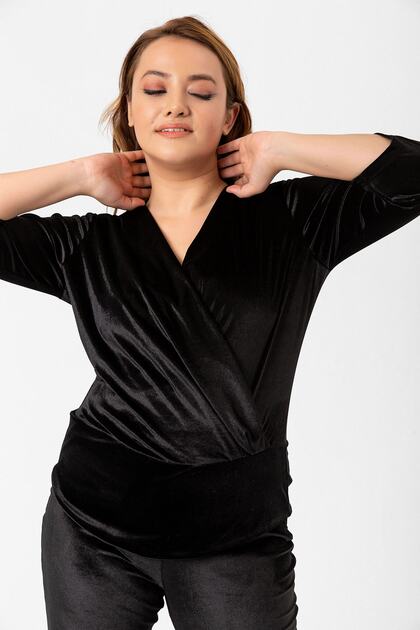 Black Plus Size Double-breasted Collar Three-quarter Sleeve Velvet Blouse