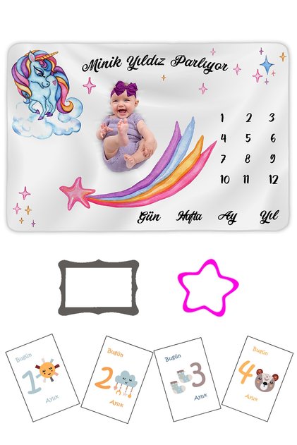Bebek Hediyelik Unicorn Anı Battaniyesi Gökkuşağı Ve Tek Boynuzlu At Desenli, Anı Kartı Hediye Seti