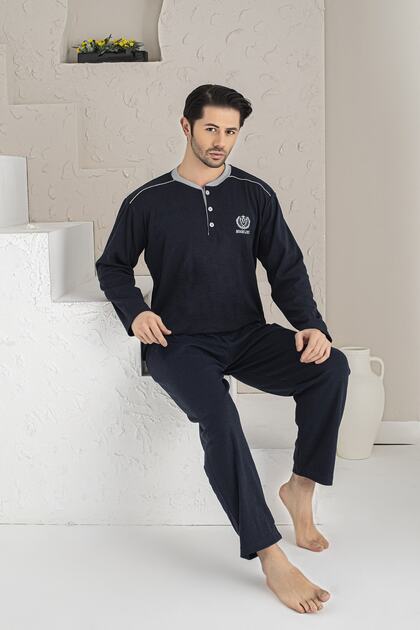 Men's Navy Blue M Embroidered Long Sleeve Single Jersey Fabric Knitted Pajama Set