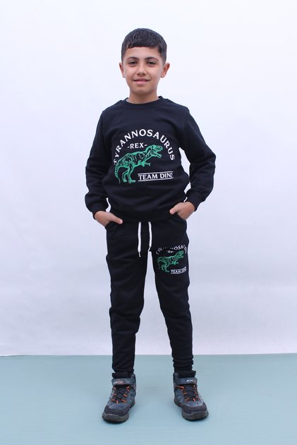 Team Dino Printed Boy's Bottom-Top Black Tracksuit Set
