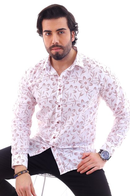 Erkek Beyaz Slim Fit Uzun Kollu Baskılı Gömlek