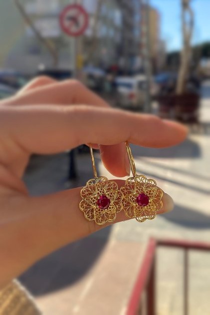 Gümüş Telkari Model Pembe Taşlı Anne Küpesi