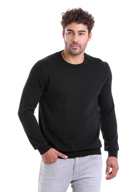Men's Black Regular Fit 100% Cotton Crew Neck Knitwear Sweater