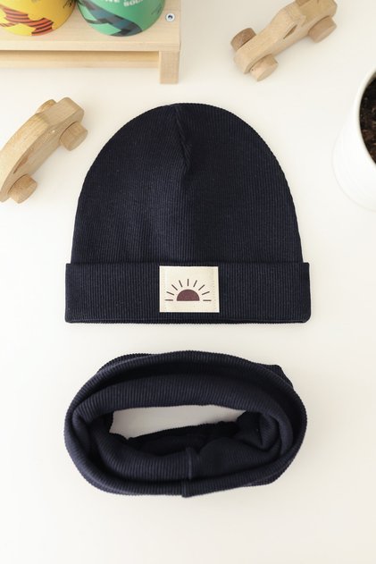 Navy Blue Ribbed Labeled Beanie Neck Collar Set