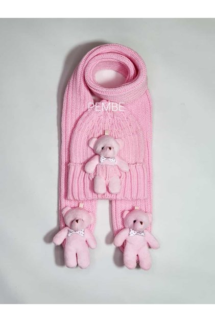 Unisex Ultra Flexible Knitted Teddy Bear Scarf & Beanie Set of 2 0-3 Years Pink
