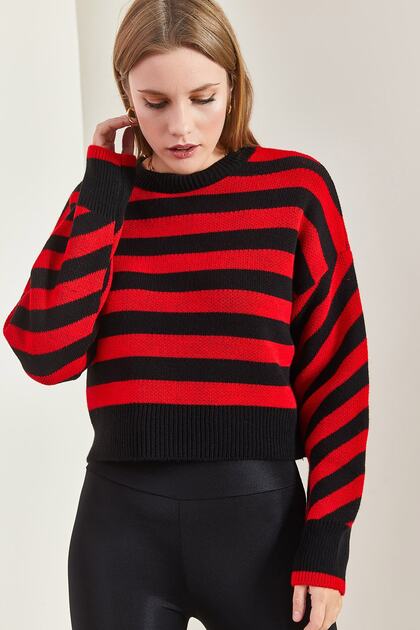 Women's Black Red Striped Knitwear Sweater 20223275