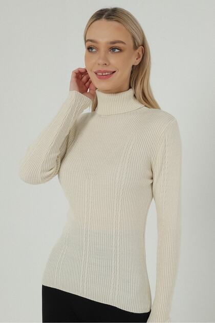 Women's Beige Turtleneck Ribbed Hair Knitted Patterned Knitwear Sweater