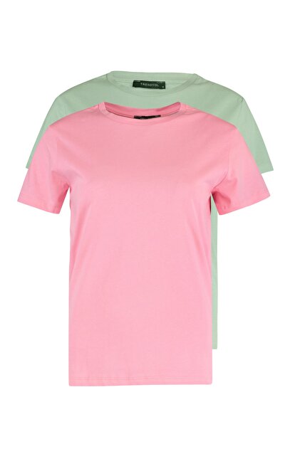 トップス amy sama Trendyolmilla Pembe-Mint %100 Pamuk Süprem Bisiklet Yaka 2'li