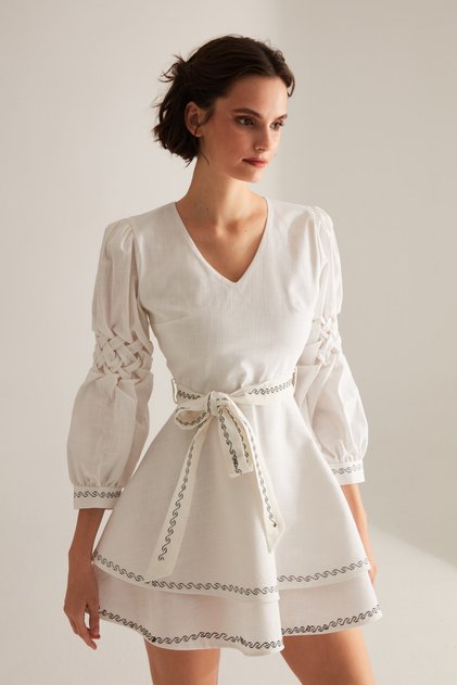 Women's White Embroidered Tiered Flounce Dress