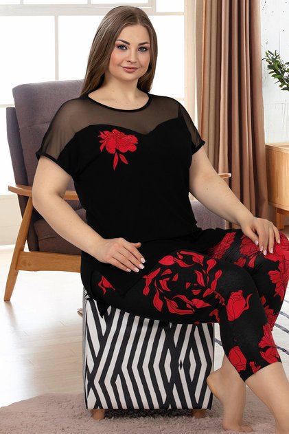 Lady Rose Pattern Shoulders Tulle Plus Size Short Sleeve Capri Pajama Set 10614