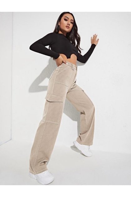High Waist Jeans Beige Color Striped Cargo Pocket Trousers