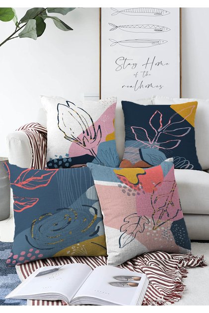 4-Piece Double Sided Colorful Bohemian Leaf Drawing Special Design Modern Raschel Throw Pillow Cover Set 55x55cm