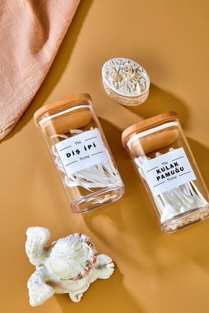 2-Piece Acrylic Dental Floss & Cotton Organizer with Wooden Lid 250 Ml Storage Container