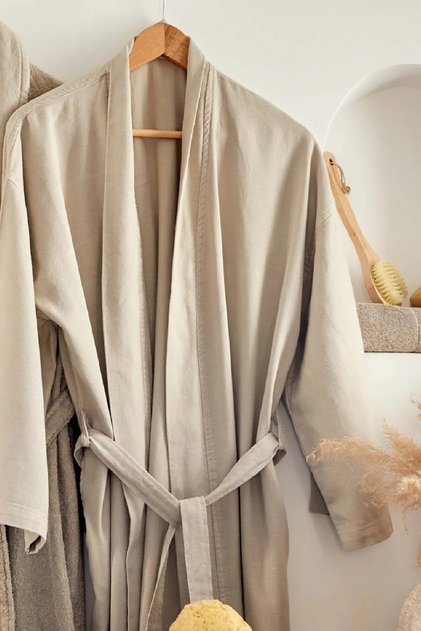 4 Element Beige %100 Cotton Kimono Dressing Box Soil S/m
