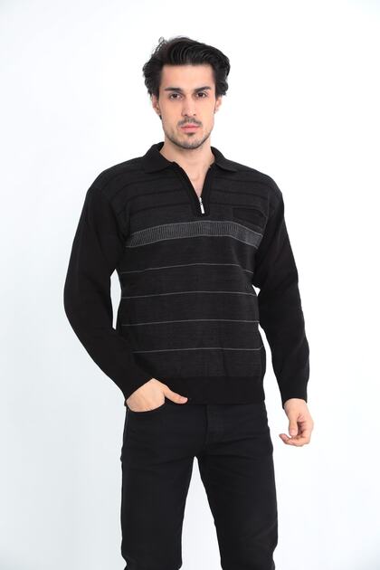 Dad Zipper Collar Stripe Patterned Single Pocket Autumn - Winter Thick Men's Sweater
