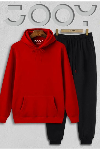 Men's Black Red Combed Cotton Tracksuit Set
