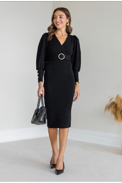 Women's Double-breasted Collar Belted Sleeve Button Detailed Acrylic Knitwear Fabric Midi Dress