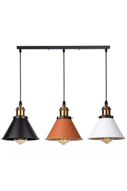 Retro Masa Üstü 3 Lü Bakır Siyah Beyaz Rustik Metal Sarkıt Avize 60 Cm