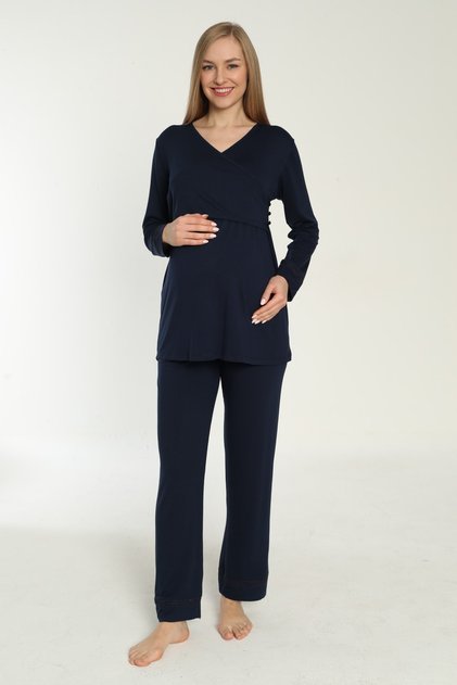 Navy Blue Long Sleeve Maternity and Pregnant Pajamas Set Suitable for Breastfeeding