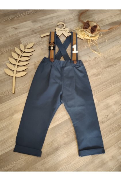 Dark Blue Tan Teddy Bear Concept Baby Boy Salopette Birthday Outfit 1 Year Old Cake Blast