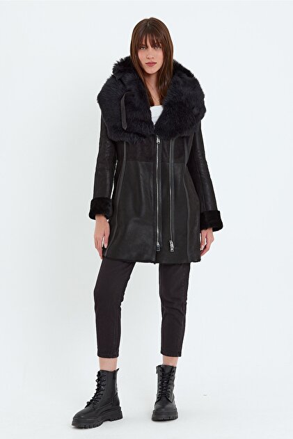 nero leather fur Napa Kuzu Kürkü Kapüşonlu Kadın Kaban (regular