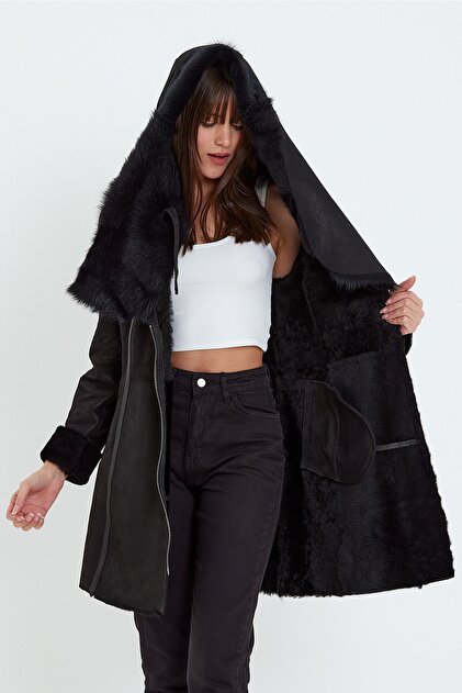 nero leather fur Napa Kuzu Kürkü Kapüşonlu Kadın Kaban (regular