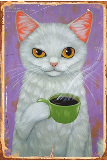 Cats Drinking Coffee Retro Wooden Poster