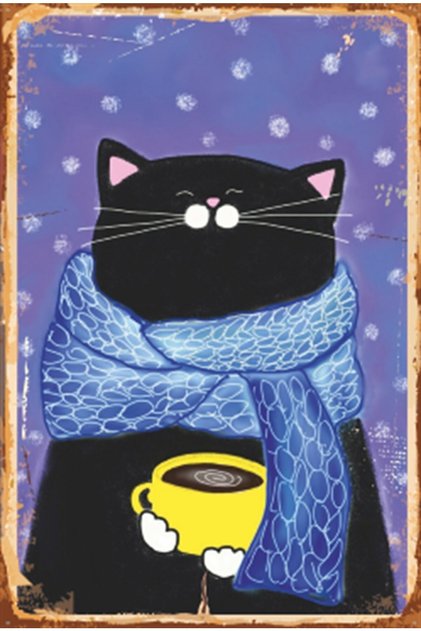 Cat Drinking Coffee Retro Wooden Poster