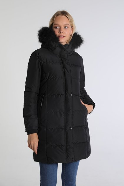 Hooded, Fur Lined, Ribbed Sleeve End Puffer Women's Coat