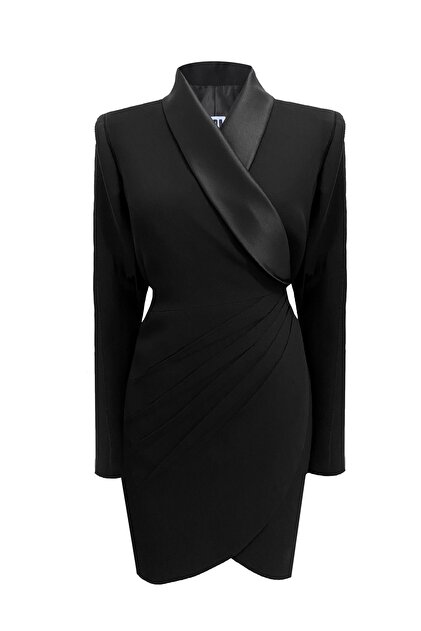 Tara Cokuntuncel Black Satin Shawl Collar Wrap Jacket Dress- Trendyol