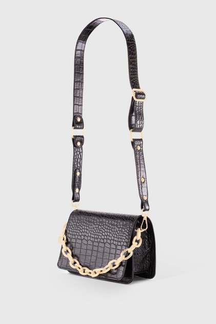 Women's Black Chain Buckle Crocodile Skin Look Crossbody Bag 221