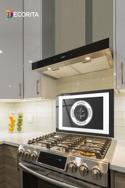 Glass Stove Back Protector |   Good Food - Black Background |   49.5cm X 76cm