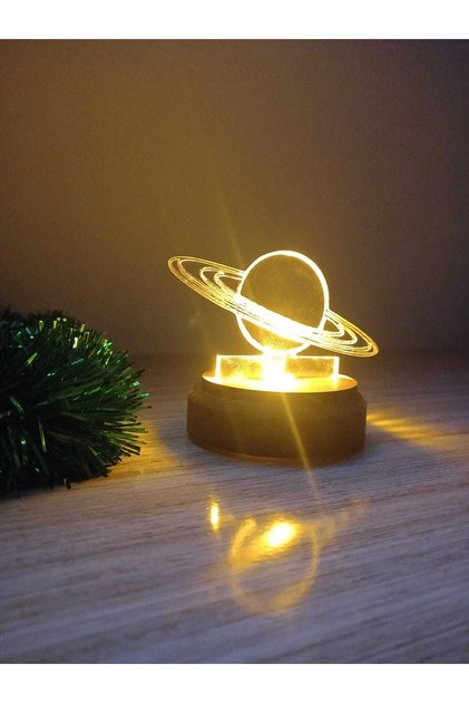 Satürn Pleksi Küre Işıklı Ahşap Taban 3d Hediye Satürn Küre
