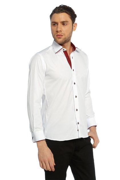 Slim Fit Men's Shirt with Claret Red and White Micro Fabric Cufflinks - 216-3 216KL