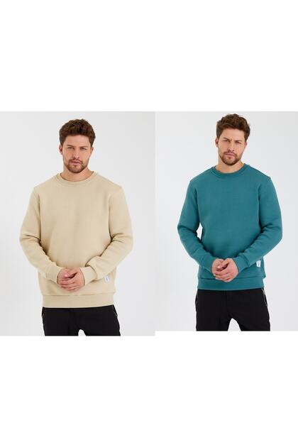 Men's Slim Fit Crew Neck Pack of 2 Plain Unprinted 3 Thread Sweatshirts Beige Green