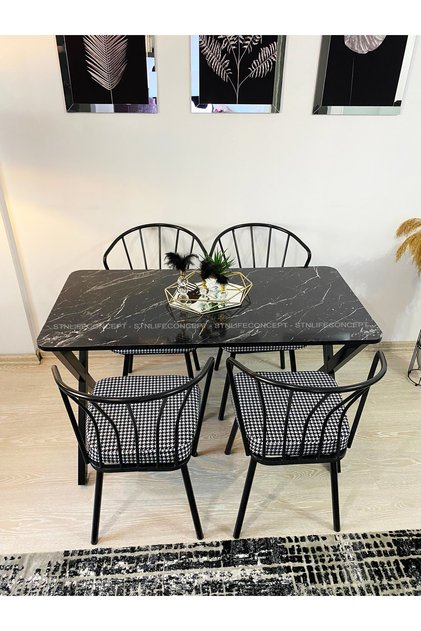 Mutfak Masa Takımı 60x120cm Yemek Masası X Metal Ayaklı Masa Seti 4 Güneş Sandalye Kumaş