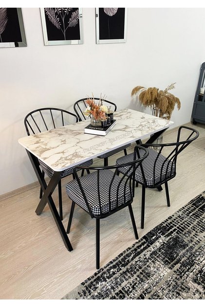 Mutfak Masa Takımı 60x120cm Yemek Masası X Metal Ayaklı Masa Seti 4 Güneş Sandalye Kumaş