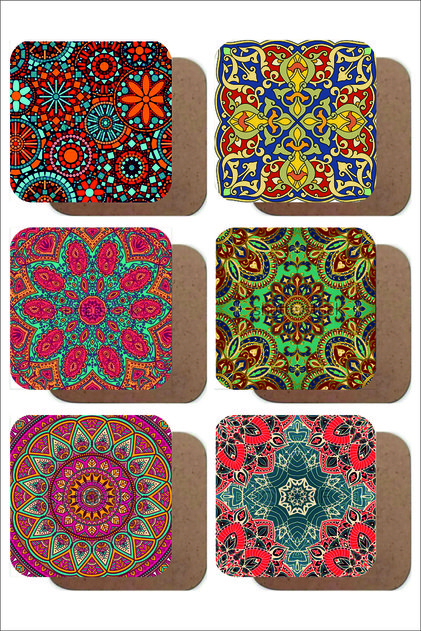 Mandala Themed Vintage Set of 6 Wooden Coasters