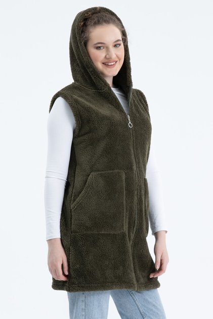Women's Khaki Green Long Zippered Fleece Vest