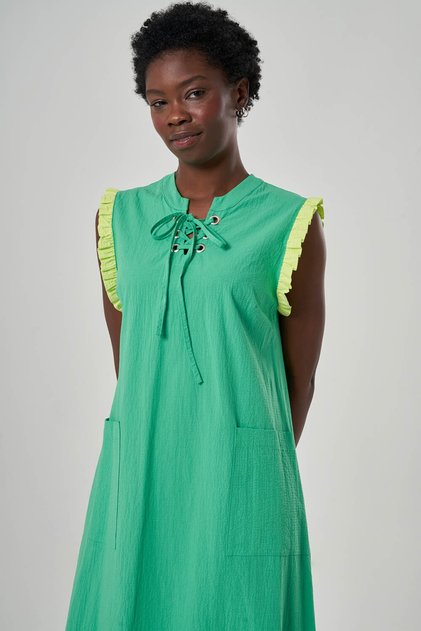 Green Dress with Color Block Placket