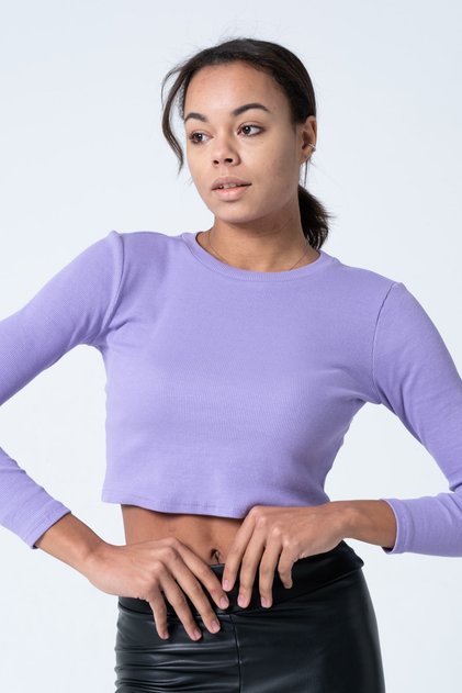 Kadın Koyu Lila Uzun Kollu Fitilli Bluz Crop Örme T-shirt