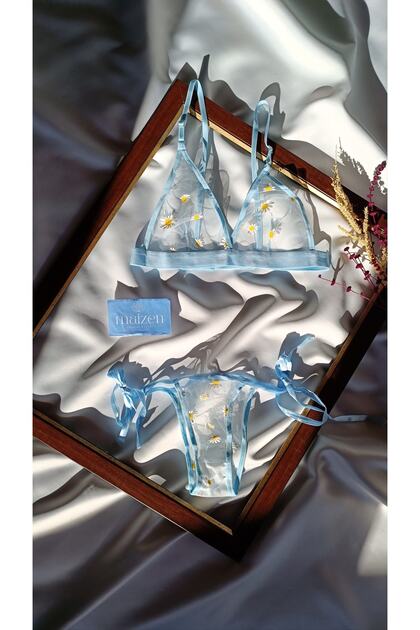Blue Daisy Patterned Tulle Bralet Set