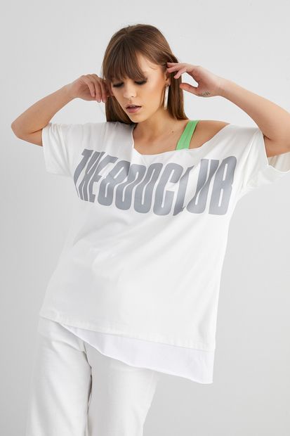Cool & Sexy Kadın Ekru Önü Baskılı Tek Omuz Salaş T-shirt MF565 - 5