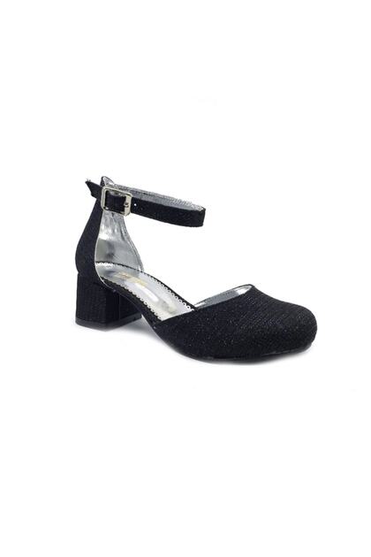 Girl's Black Glitter Heeled Evening Dress Shoes