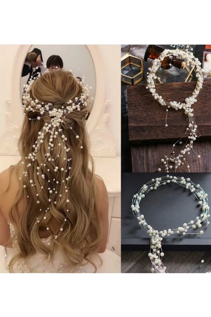Kristal Taşlı Incili Gelin Tacı Saç Aksesuarı Büyük Boy Nişan, Düğün, Kına, Nikah Tacı Saç Aksesuarı
