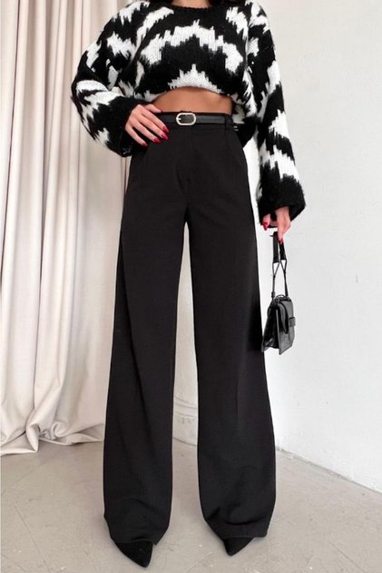 Women's Black Full Lycra Thin Leather Belted Pleated Wide Leg Palazzo Trousers