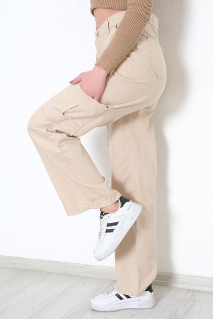 Women's High Waist Cream Cargo Pocket Jeans Cargo Pocket Pants