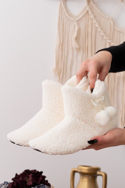 Lamb Fabric Wool Luxury Pompom Detailed Home Boots Home Shoes