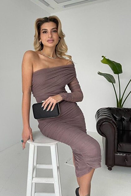 lovebox Lined Tulle Fabric One Sleeve Detailed Slim Cut Midi Length Mink  Pencil Evening Dress Graduation Dress 109- Trendyol